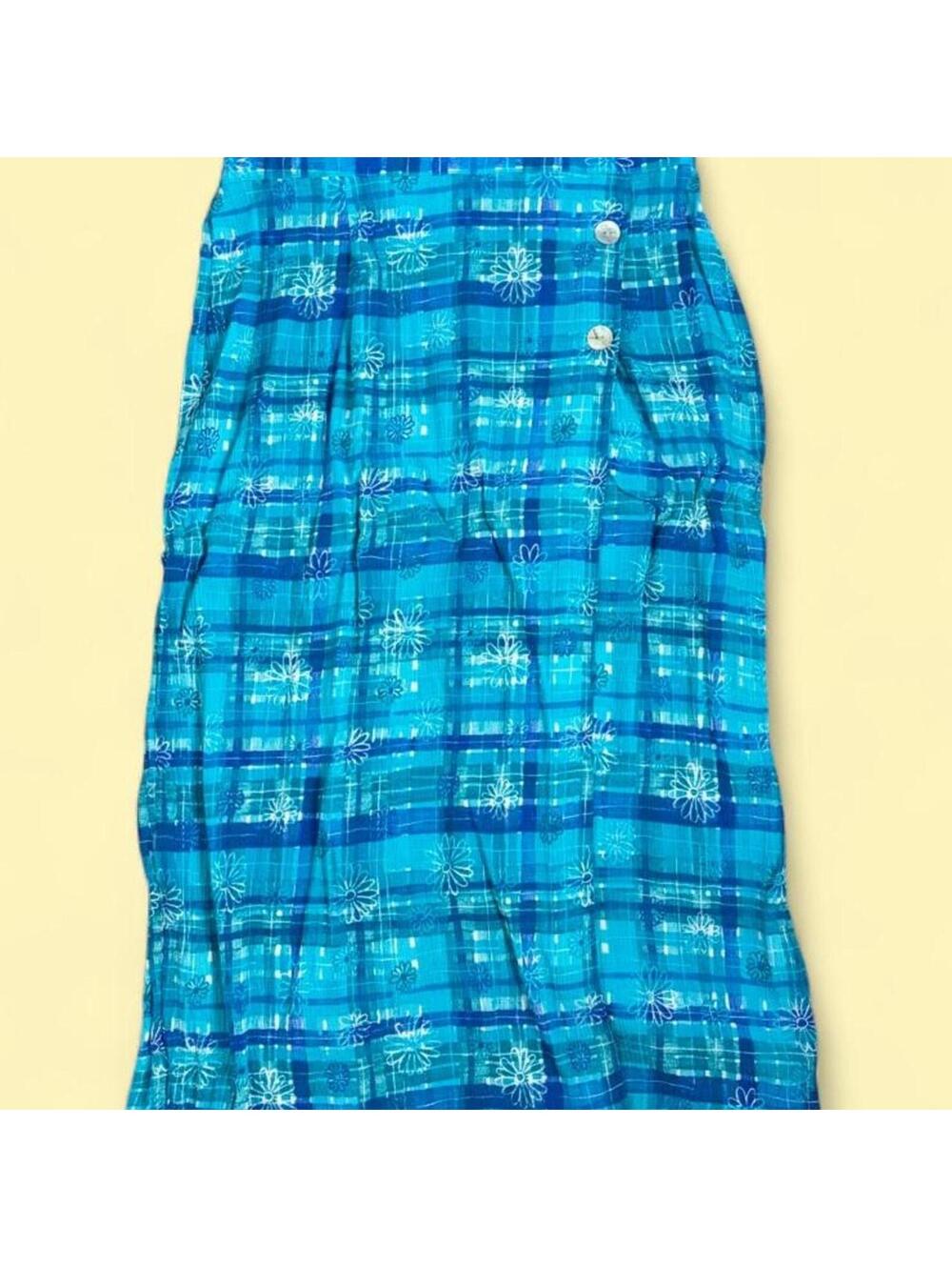 Vintage 90s Coldwater Creek Rayon Midi Skirt | Blue Tropical Plaid Resortwear